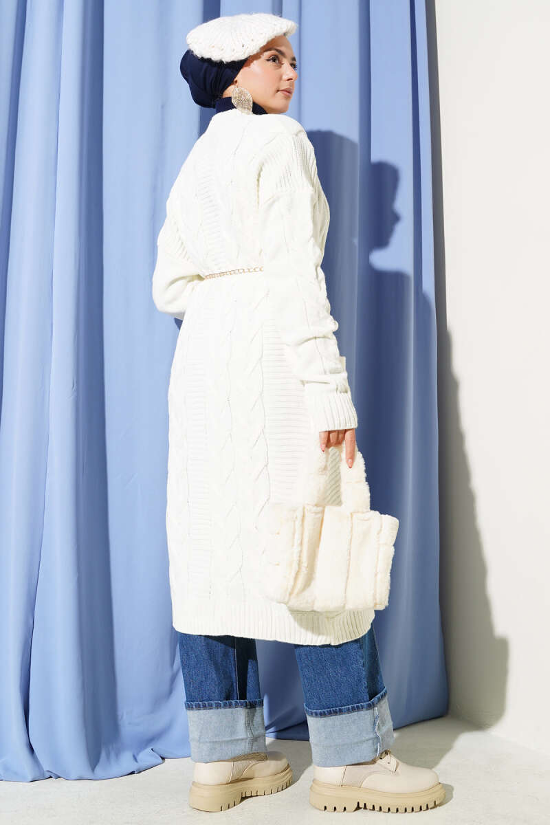 Long Cable-Knit Cardigan with Pockets - Ecru