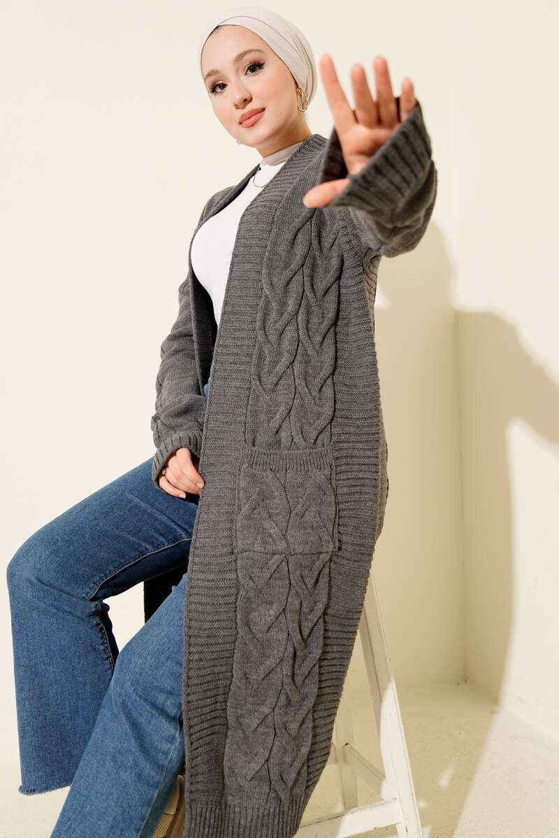 Long Cable-Knit Cardigan with Pockets - Smoke Grey