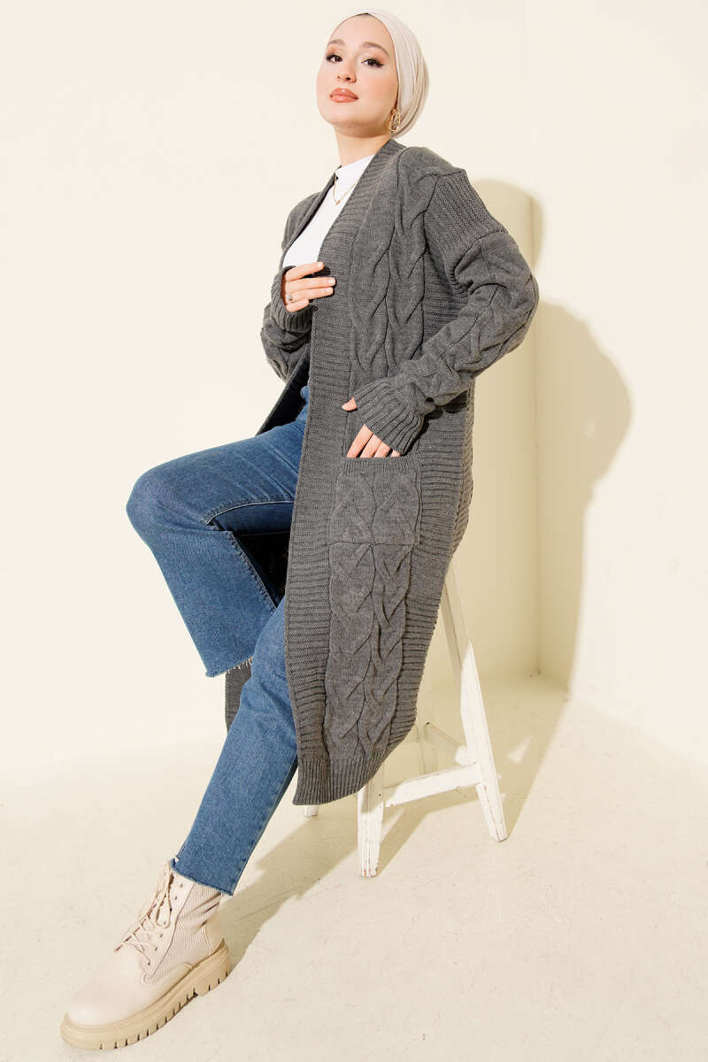 Long Cable-Knit Cardigan with Pockets - Smoke Grey
