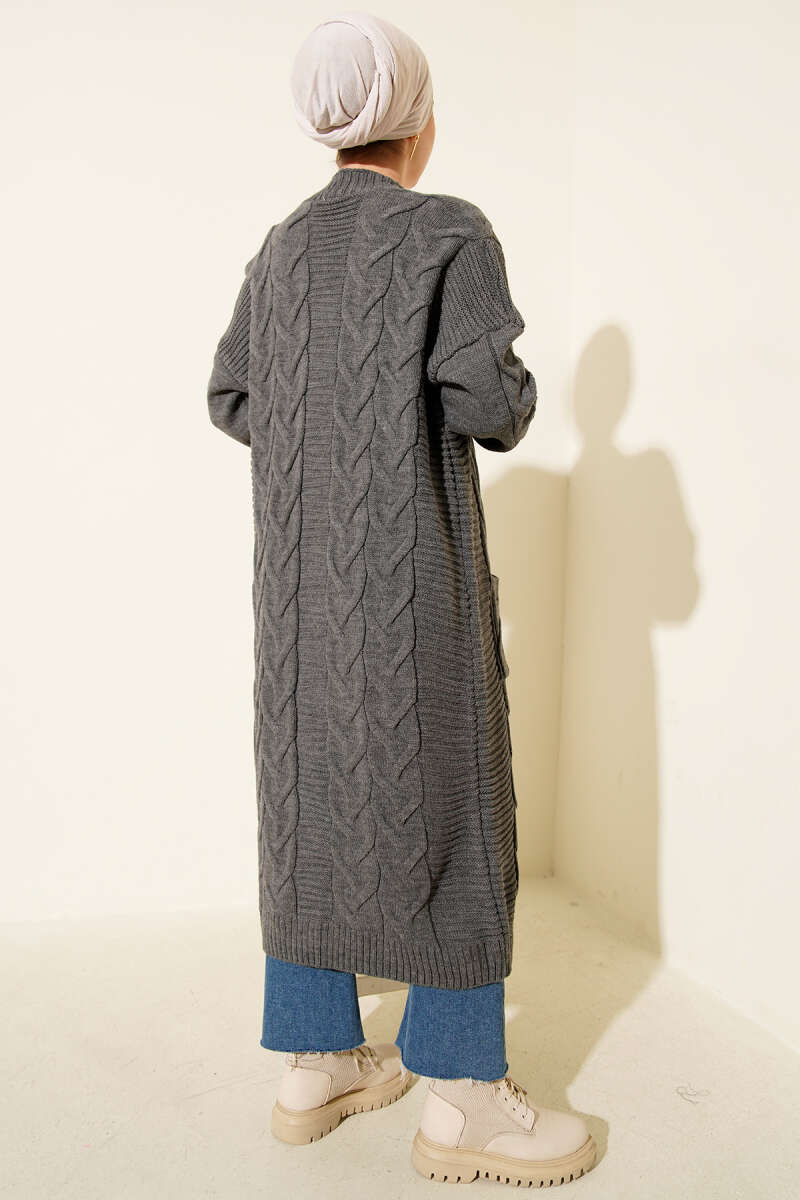 Long Cable-Knit Cardigan with Pockets - Smoke Grey