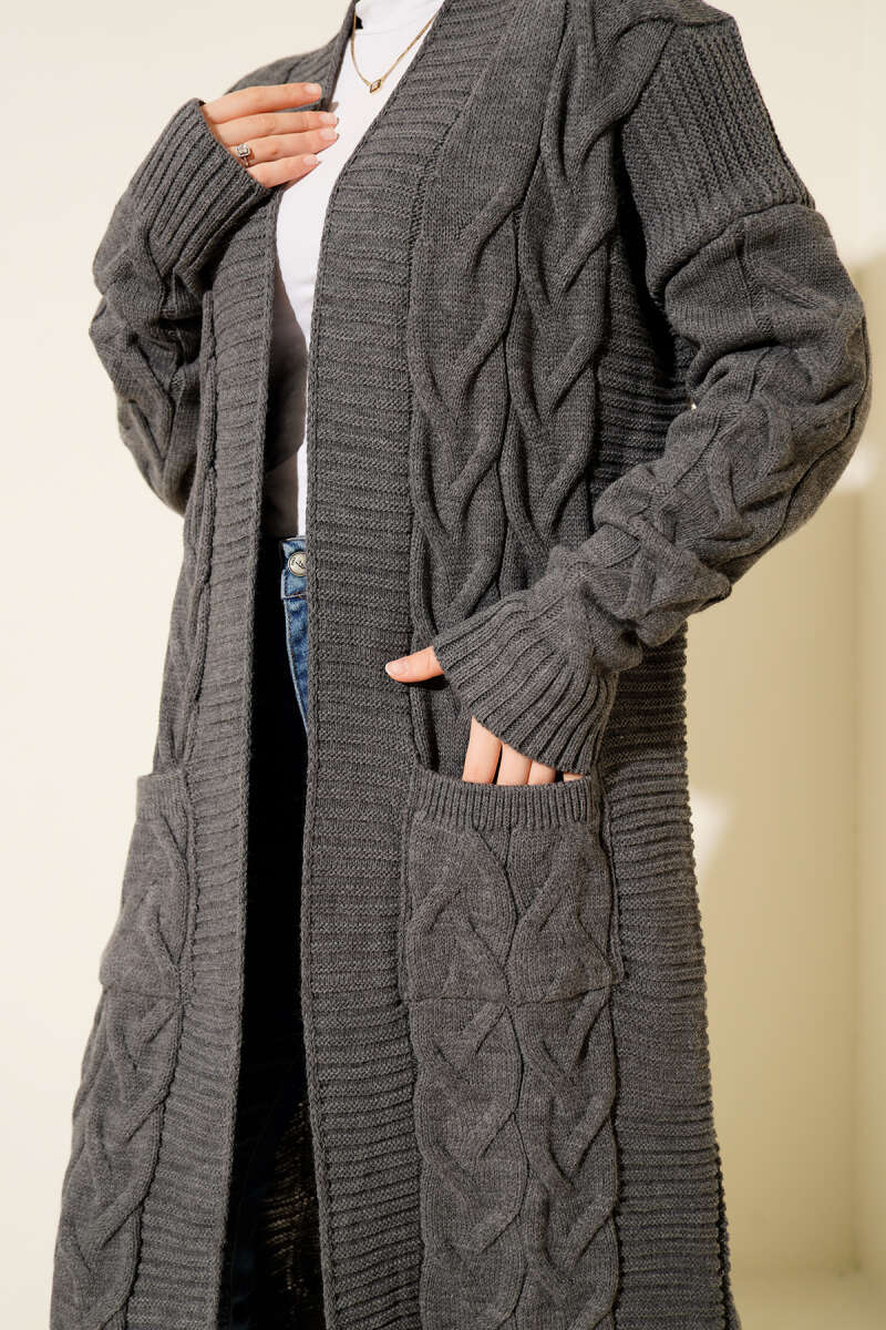 Long Cable-Knit Cardigan with Pockets - Smoke Grey