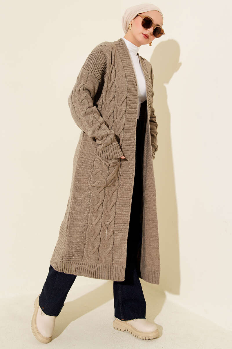 Long Cable-Knit Cardigan with Pockets - Mink