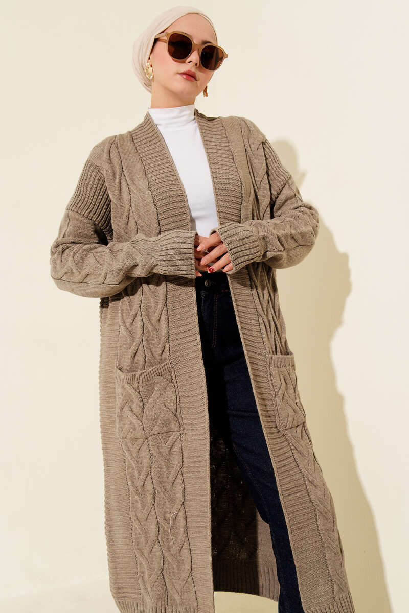 Long Cable-Knit Cardigan with Pockets - Mink