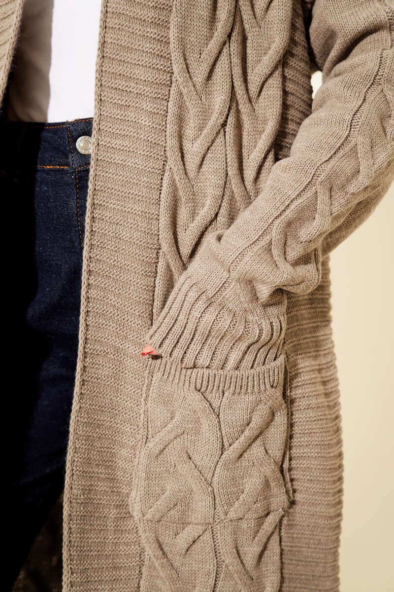 Long Cable-Knit Cardigan with Pockets - Mink