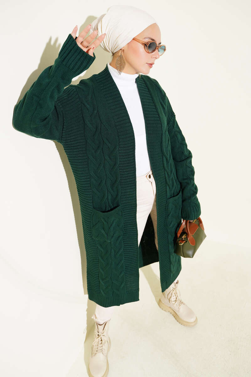 Long Cable-Knit Cardigan with Pockets - Emerald