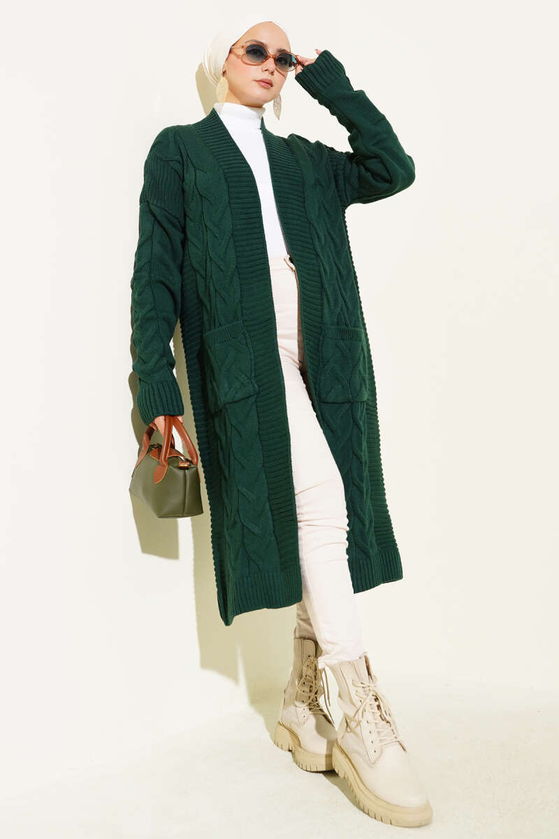 Long Cable-Knit Cardigan with Pockets - Emerald