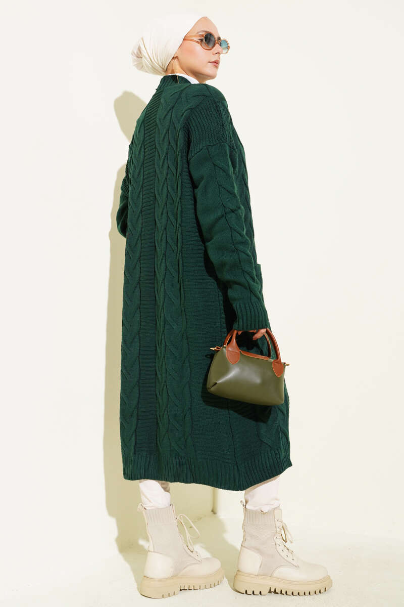 Long Cable-Knit Cardigan with Pockets - Emerald