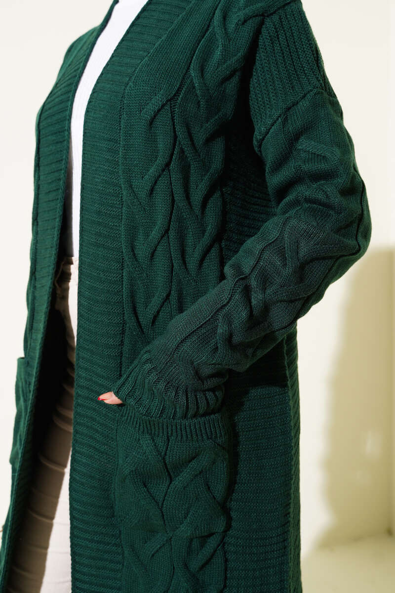 Long Cable-Knit Cardigan with Pockets - Emerald