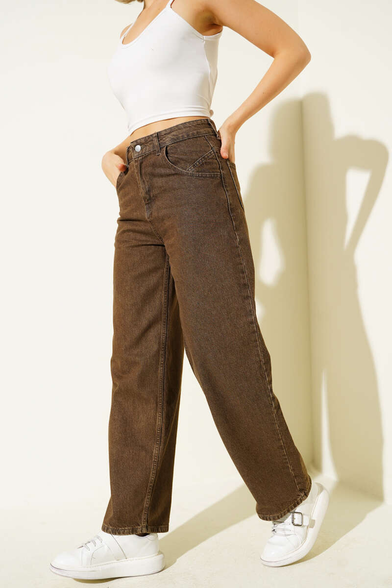 Denim Palazzo Pants with Pockets - Brown