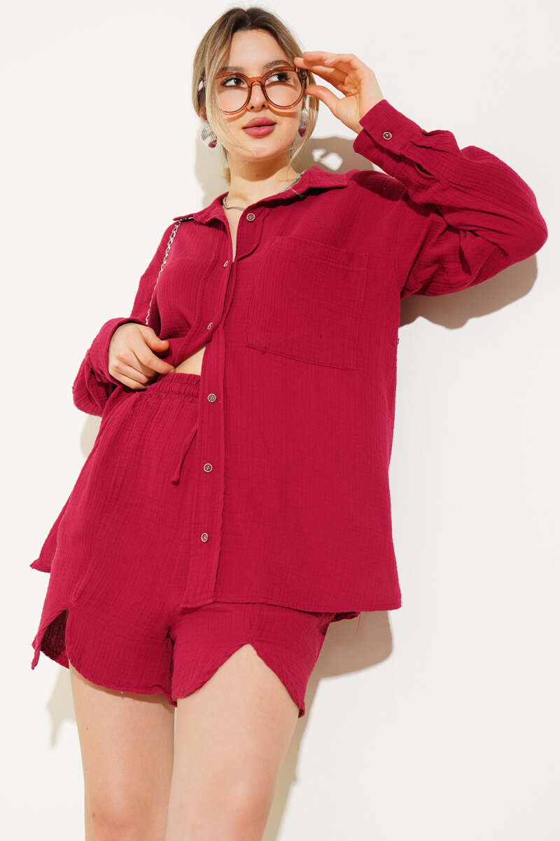 Muslin Shorts Set with Pockets - Burgundy