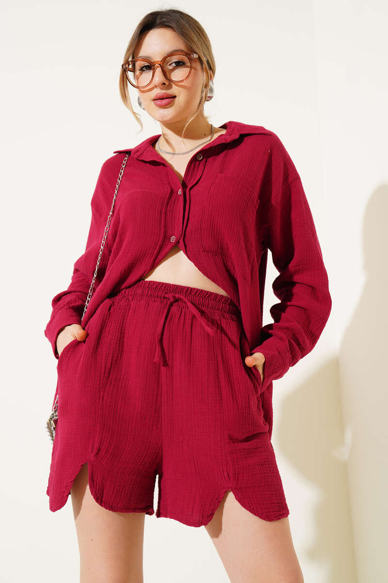 Muslin Shorts Set with Pockets - Burgundy