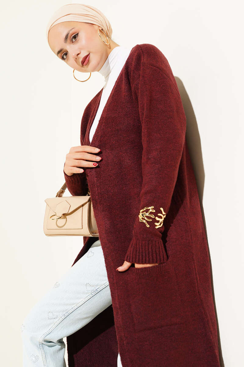 Long Knit Cardigan with Pockets - Burgundy