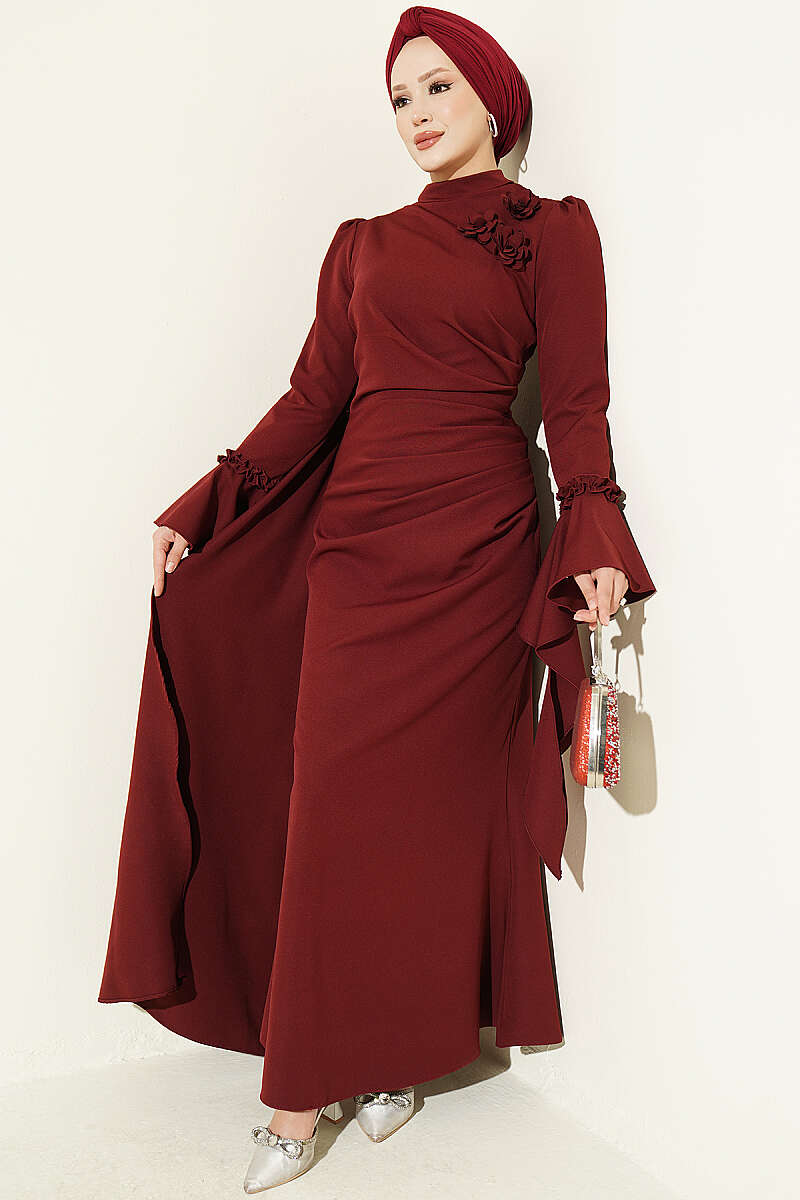 Floral Appliqué Evening Dress with Cape - Burgundy
