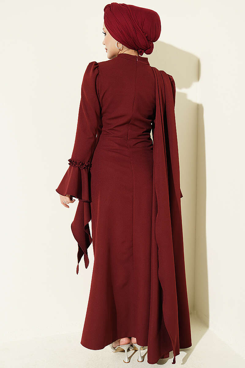Floral Appliqué Evening Dress with Cape - Burgundy