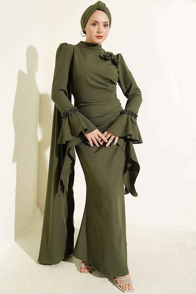 Floral Appliqué Evening Dress with Cape - Khaki