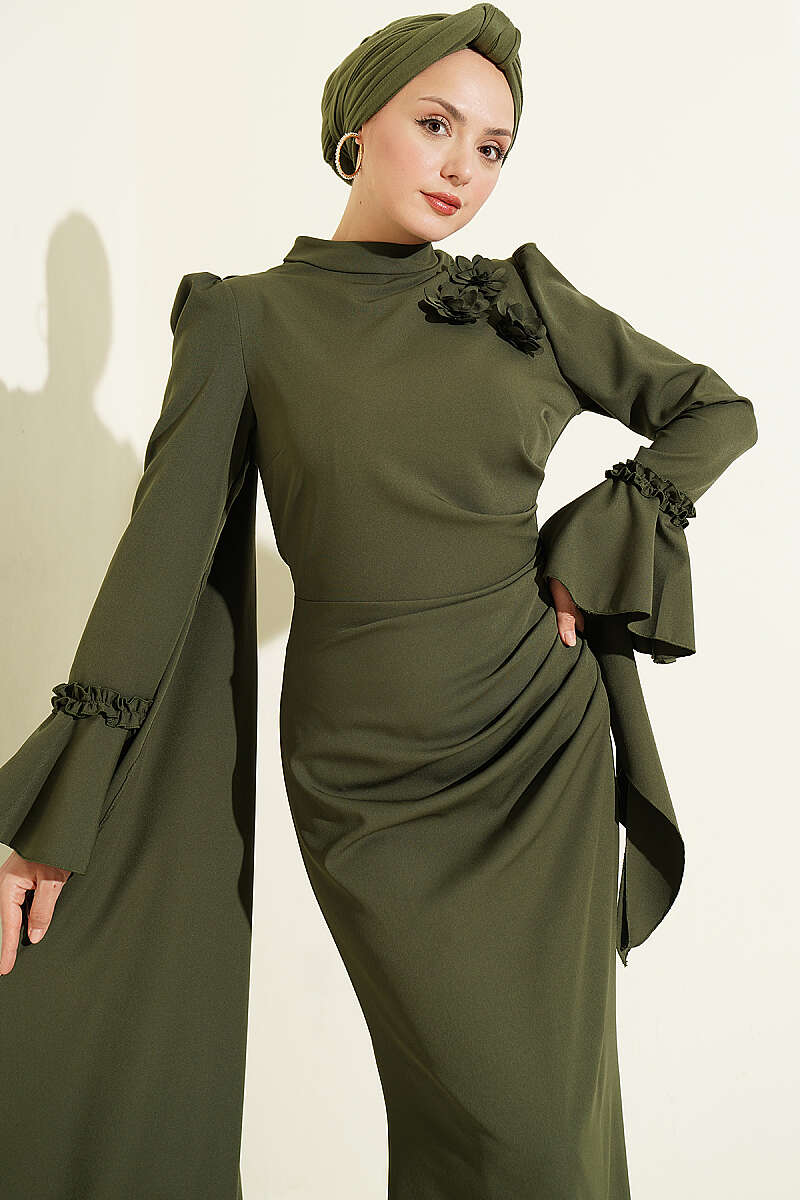 Floral Appliqué Evening Dress with Cape - Khaki
