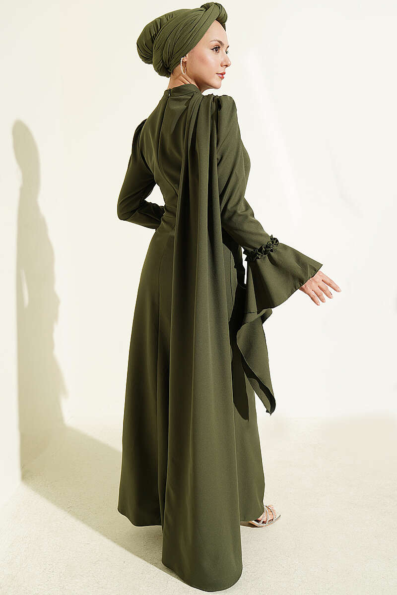 Floral Appliqué Evening Dress with Cape - Khaki