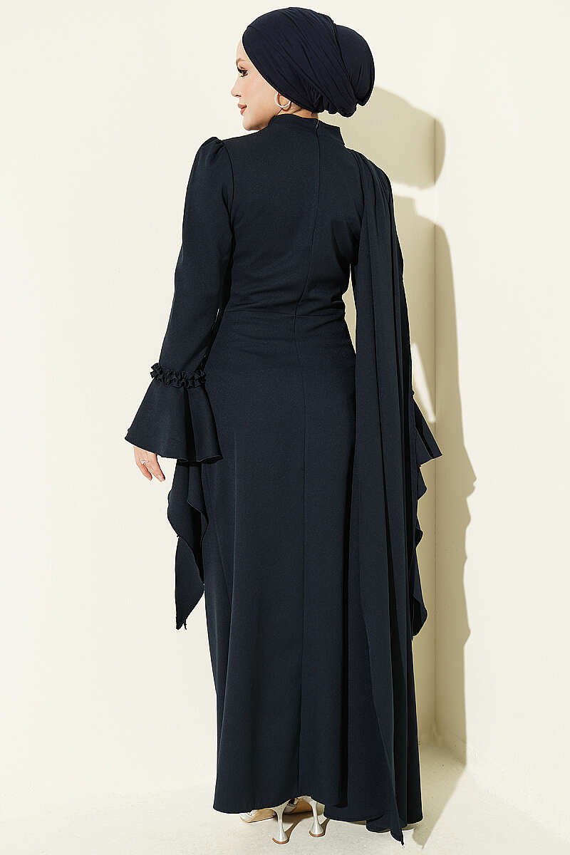 Floral Appliqué Evening Dress with Cape - Navy