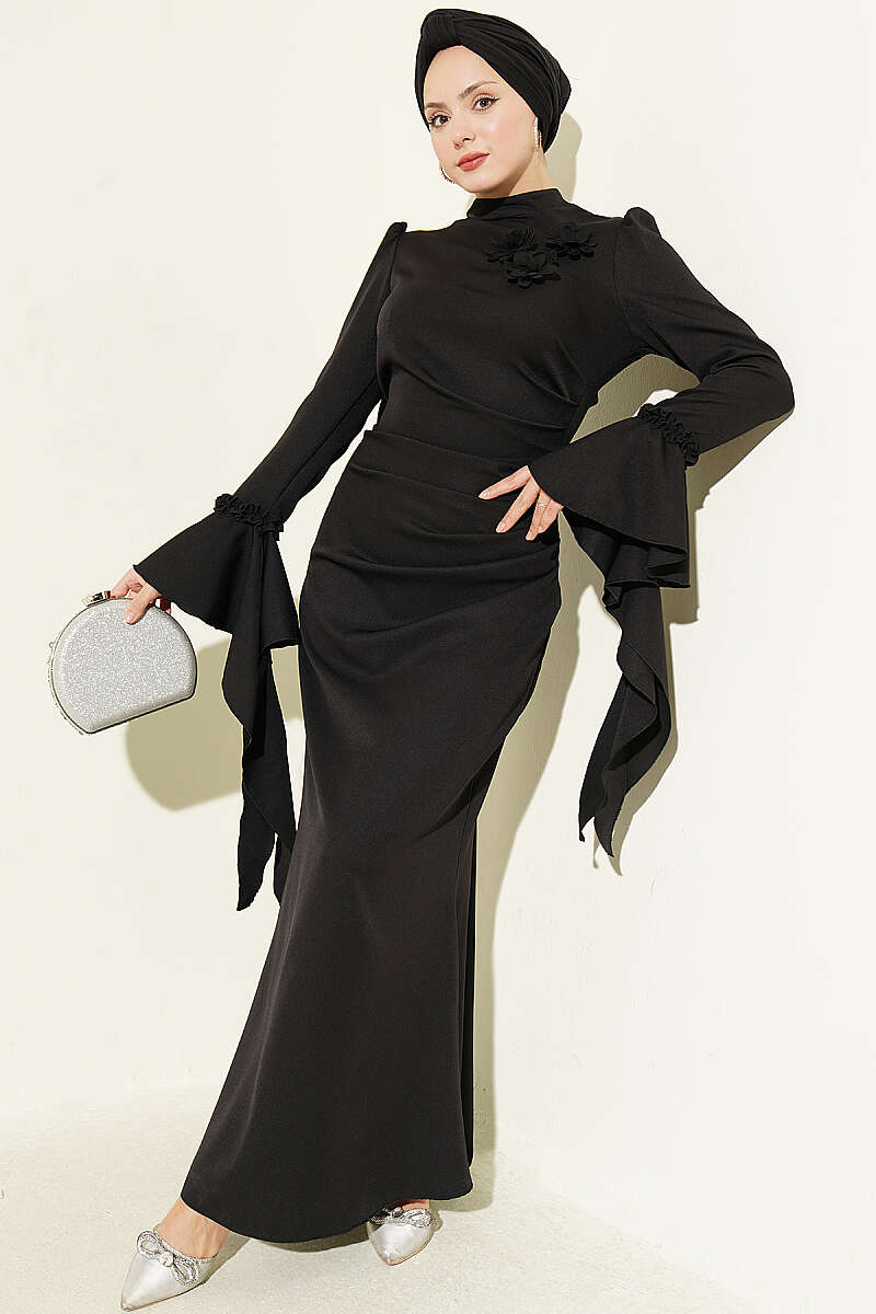 Floral Appliqué Evening Dress with Cape - Black