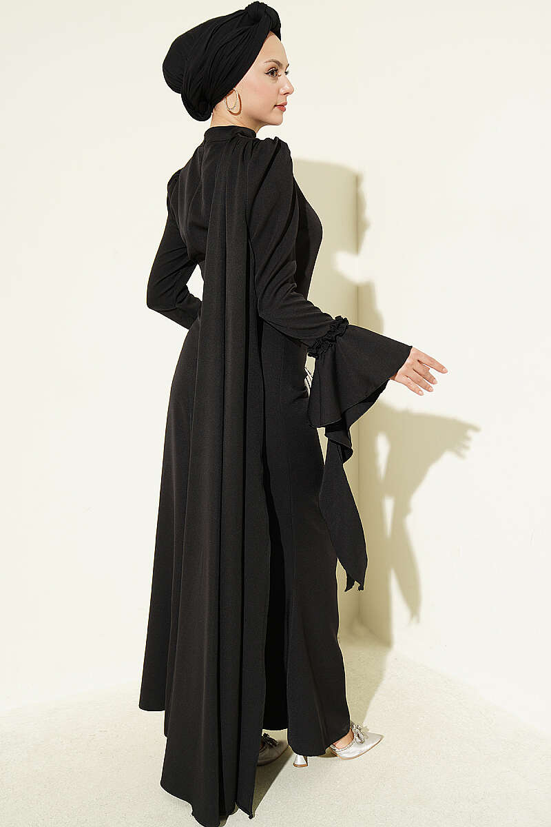 Floral Appliqué Evening Dress with Cape - Black