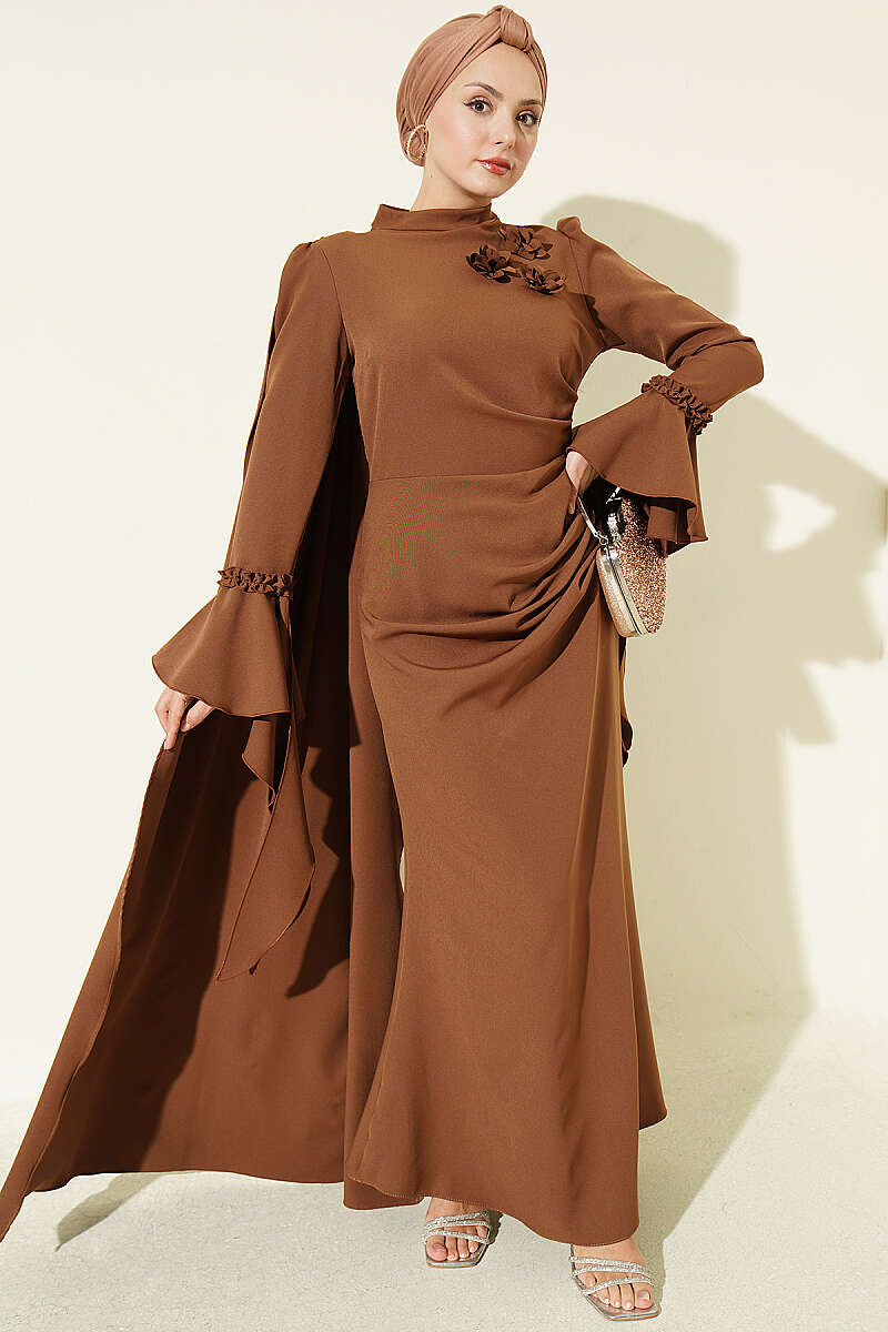 Floral Appliqué Evening Dress with Cape - Tan