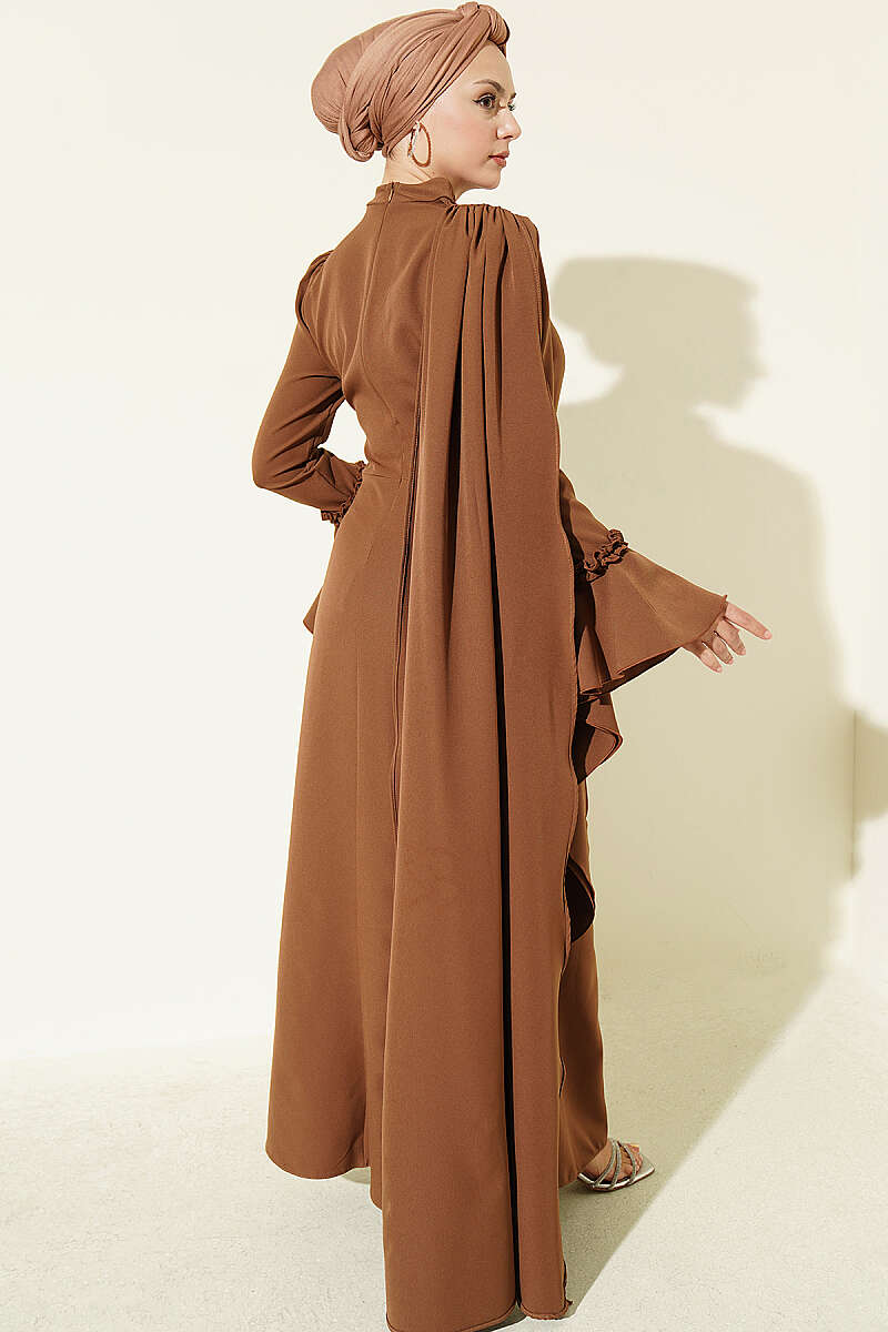 Floral Appliqué Evening Dress with Cape - Tan