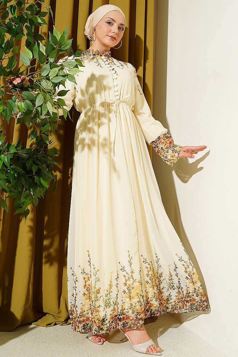 Floral Print Chiffon Dress with Rivet Buttons - Yellow