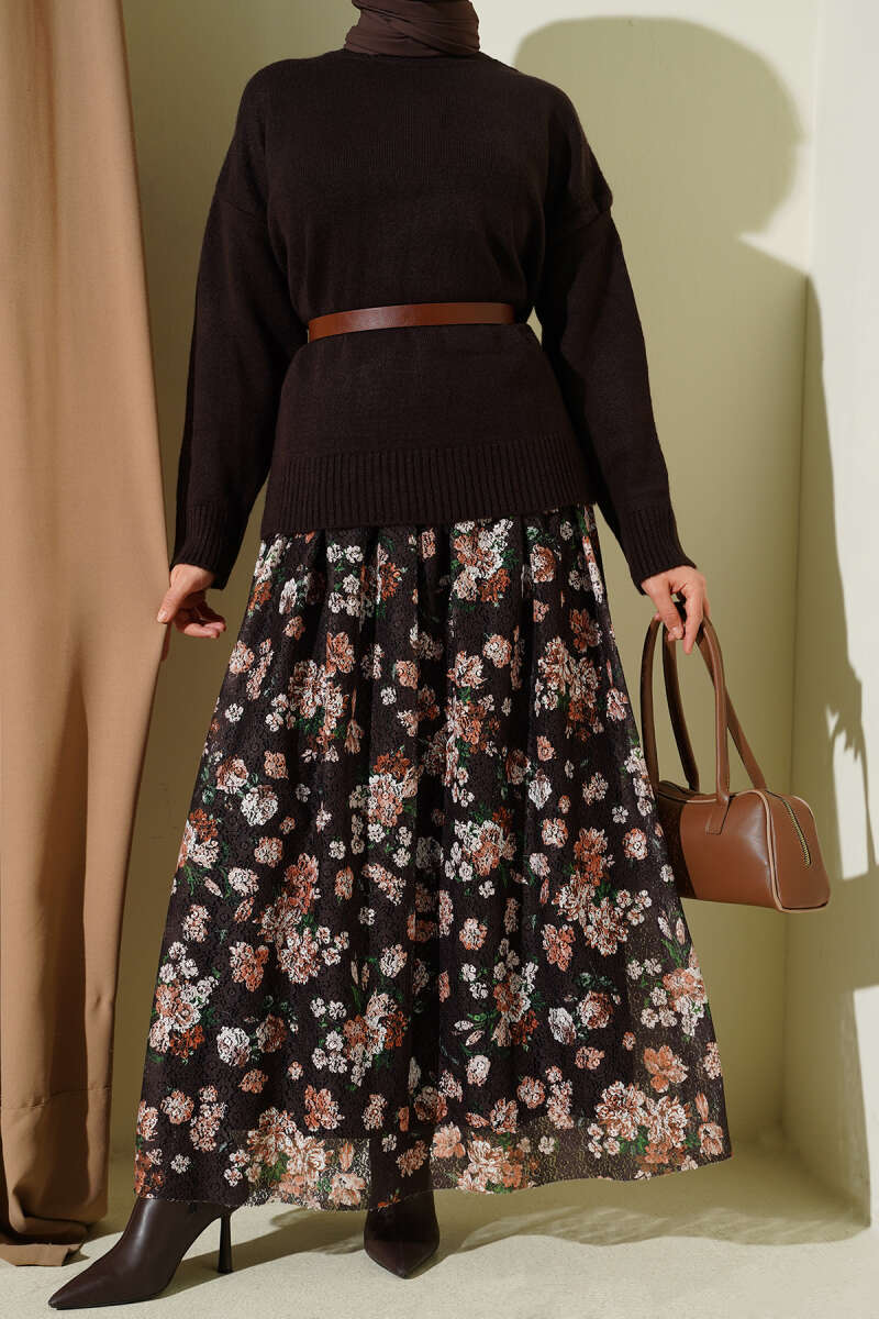 Floral Print Guipure Skirt - Brown