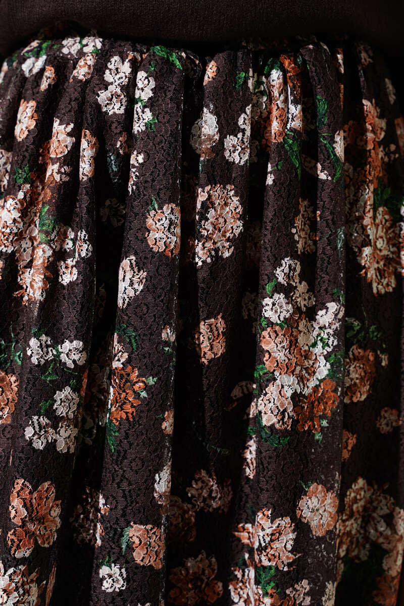 Floral Print Guipure Skirt - Brown