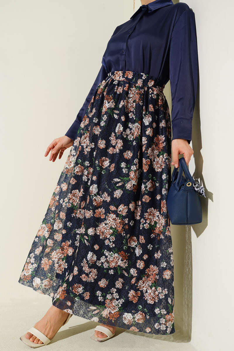 Floral Print Guipure Skirt - Navy