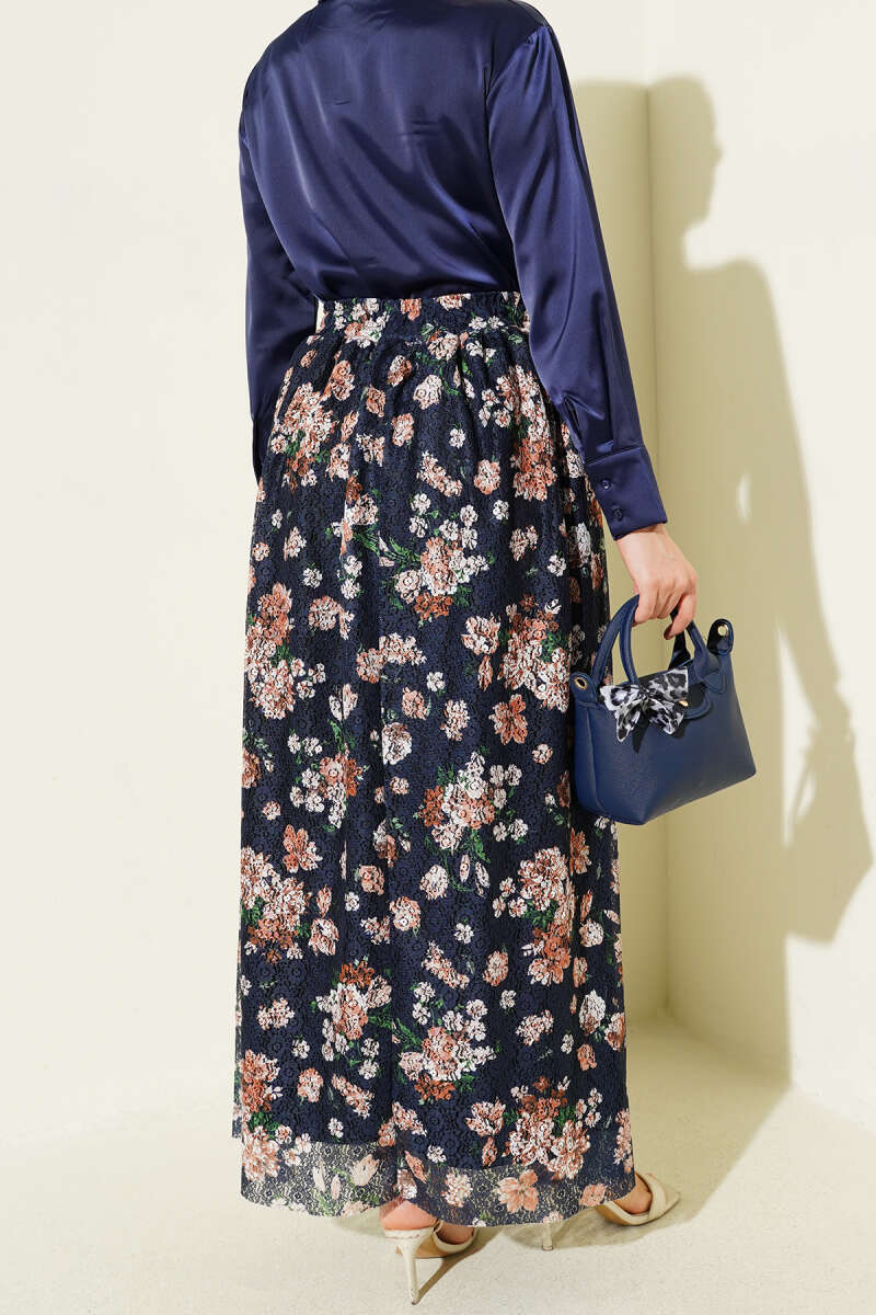 Floral Print Guipure Skirt - Navy