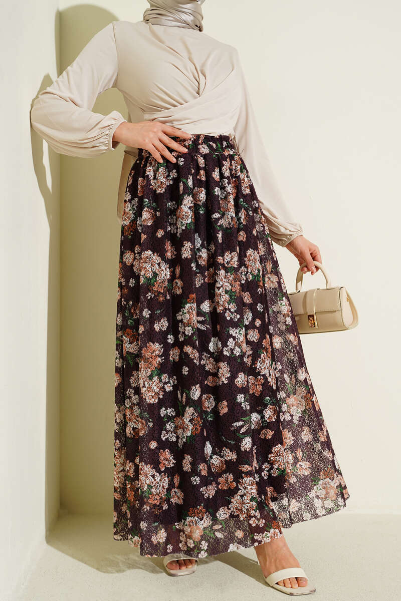 Floral Print Guipure Skirt - Plum