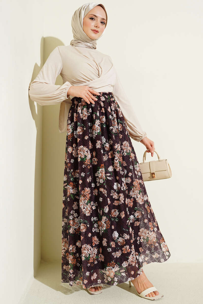 Floral Print Guipure Skirt - Plum