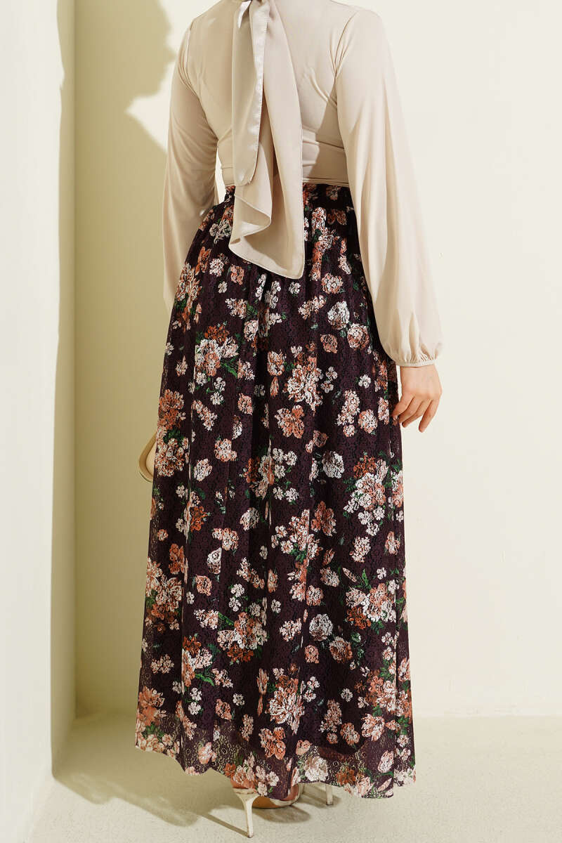 Floral Print Guipure Skirt - Plum