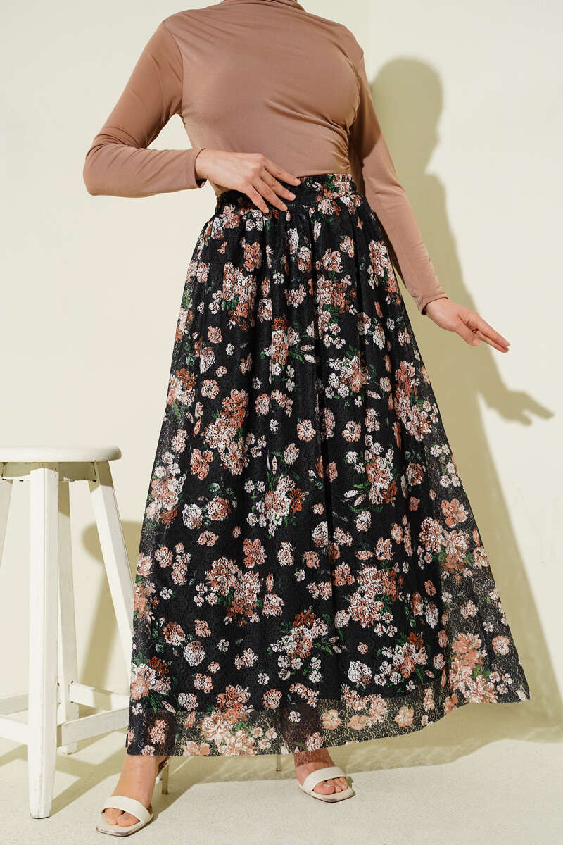 Floral Print Guipure Skirt - Black