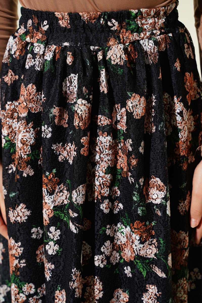 Floral Print Guipure Skirt - Black