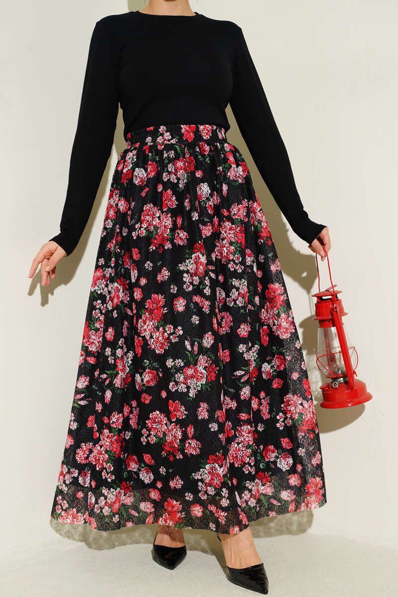 Floral Print Guipure Skirt - Black-Red
