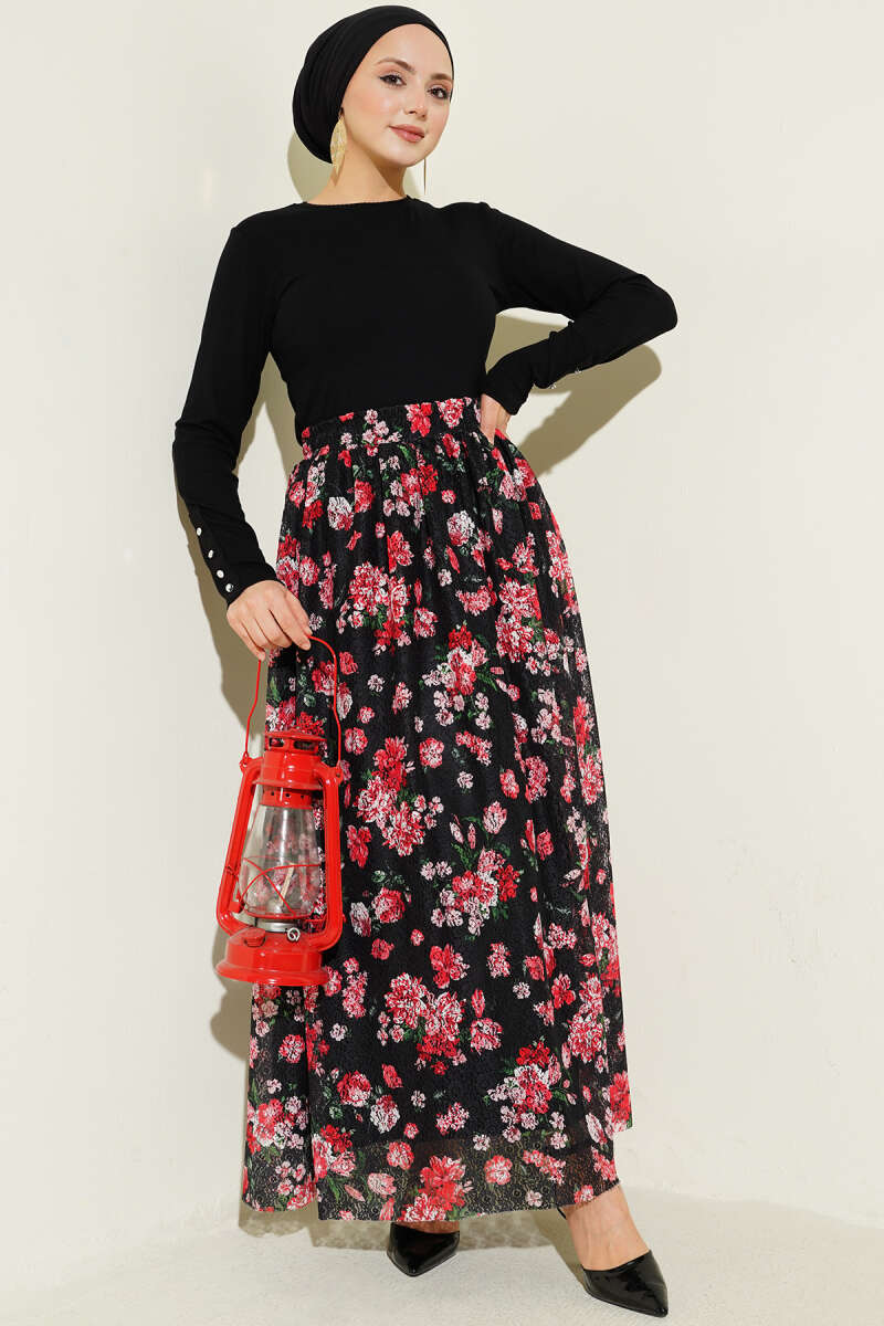Floral Print Guipure Skirt - Black-Red
