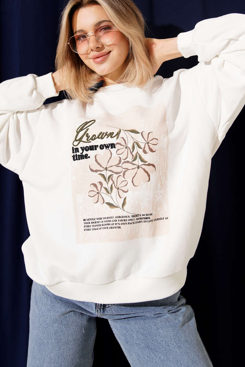 Oversized Floral Print Embroidered Sweatshirt - Ecru