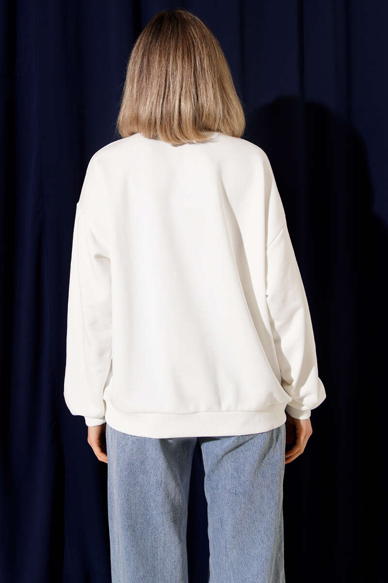 Oversized Floral Print Embroidered Sweatshirt - Ecru