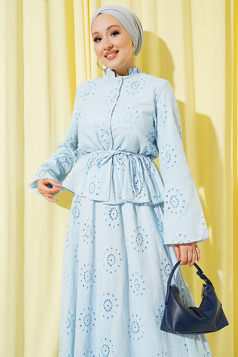Floral Broderie Two-Piece Set with Ruffle Skirt - Blue