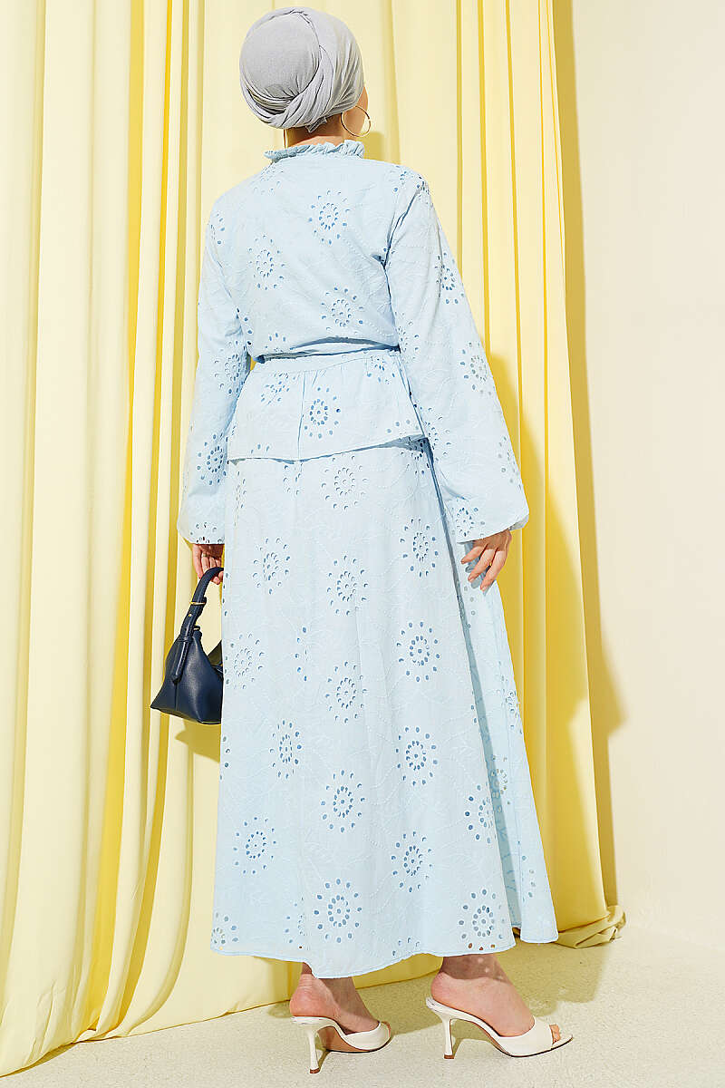 Floral Broderie Two-Piece Set with Ruffle Skirt - Blue