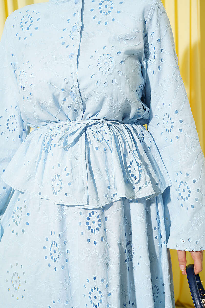 Floral Broderie Two-Piece Set with Ruffle Skirt - Blue