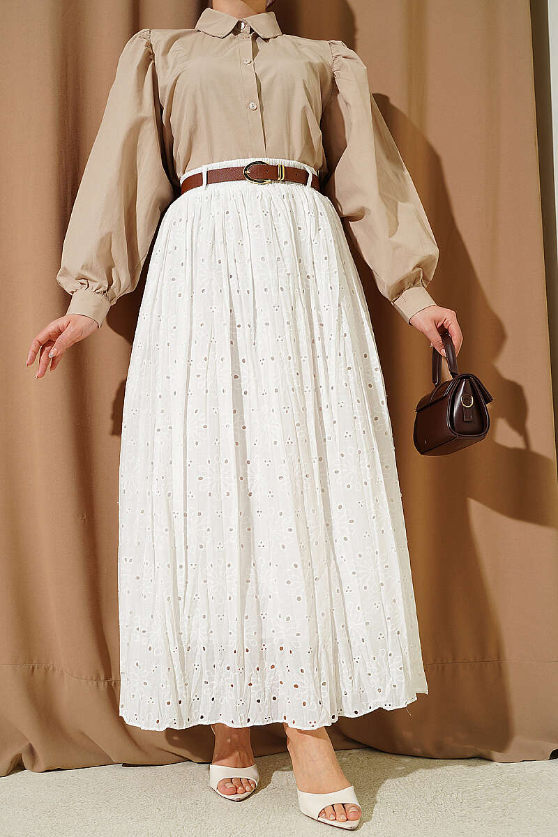 Belted Floral Broderie Skirt - Ecru