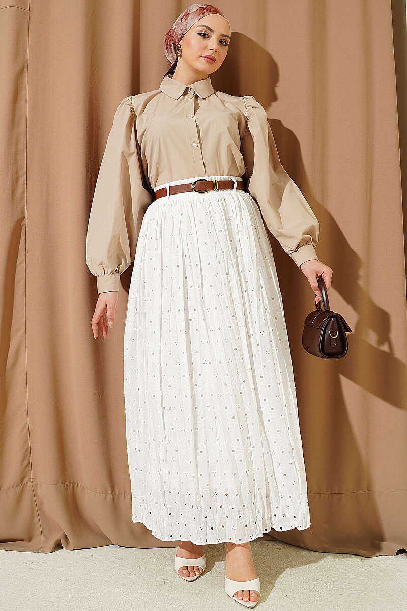 Belted Floral Broderie Skirt - Ecru