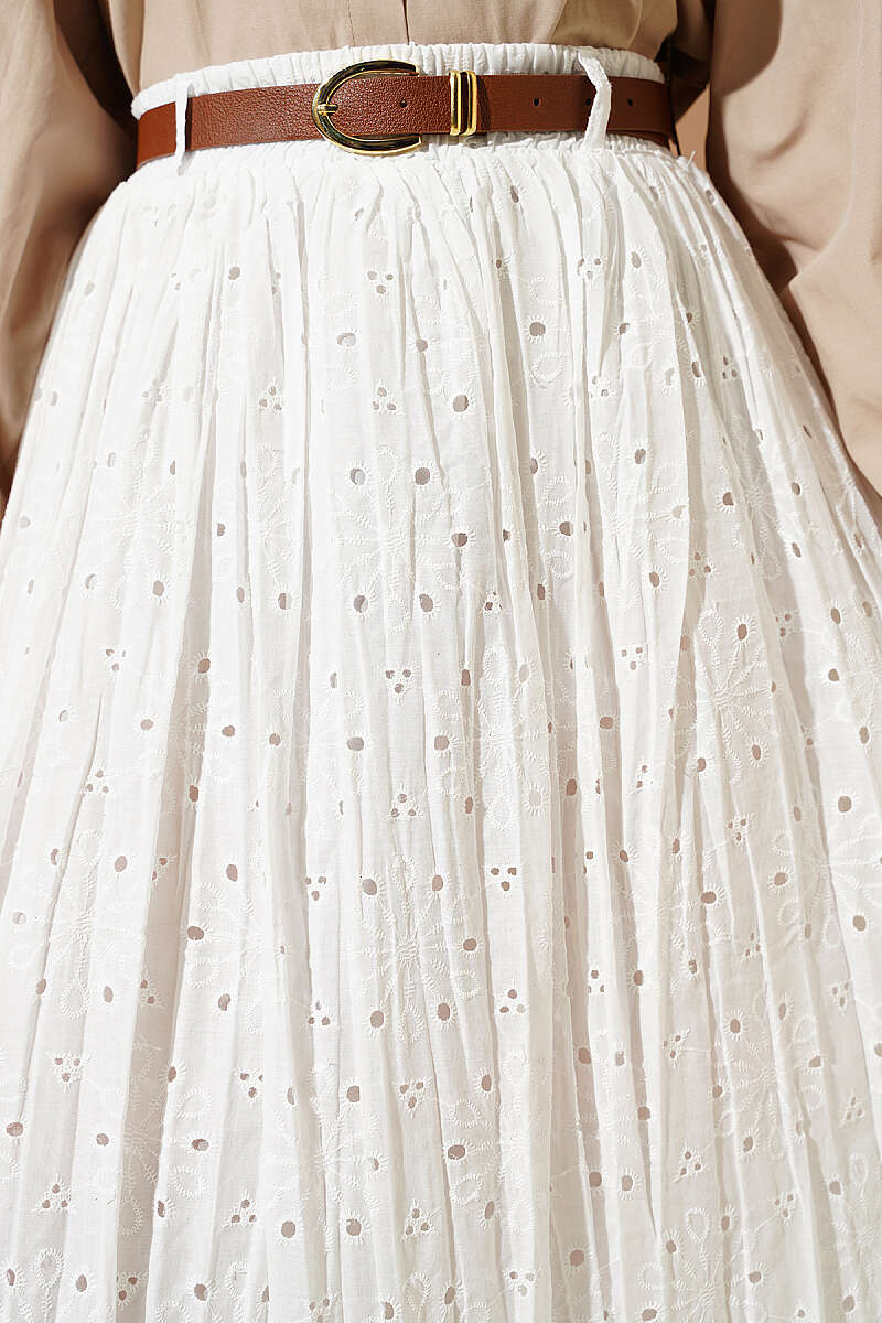 Belted Floral Broderie Skirt - Ecru