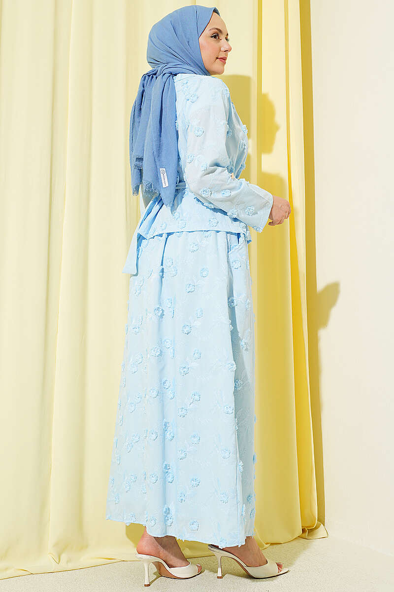 Belted Floral Broderie Skirt Set - Light Blue