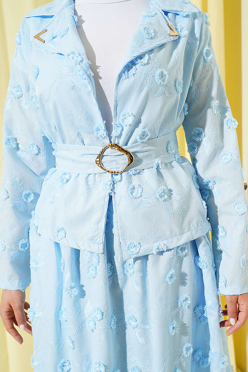 Belted Floral Broderie Skirt Set - Light Blue