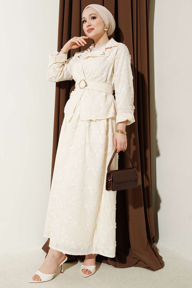 Belted Floral Broderie Skirt Set - Beige
