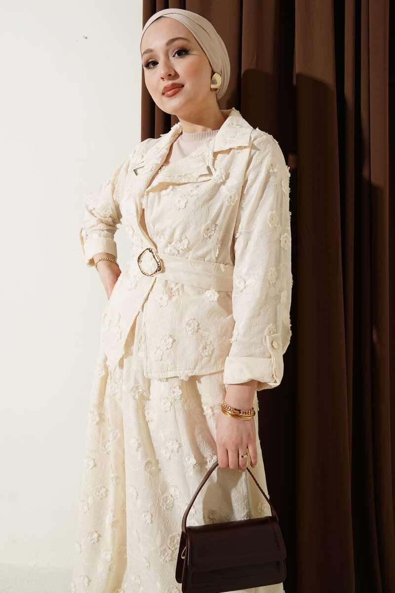 Belted Floral Broderie Skirt Set - Beige